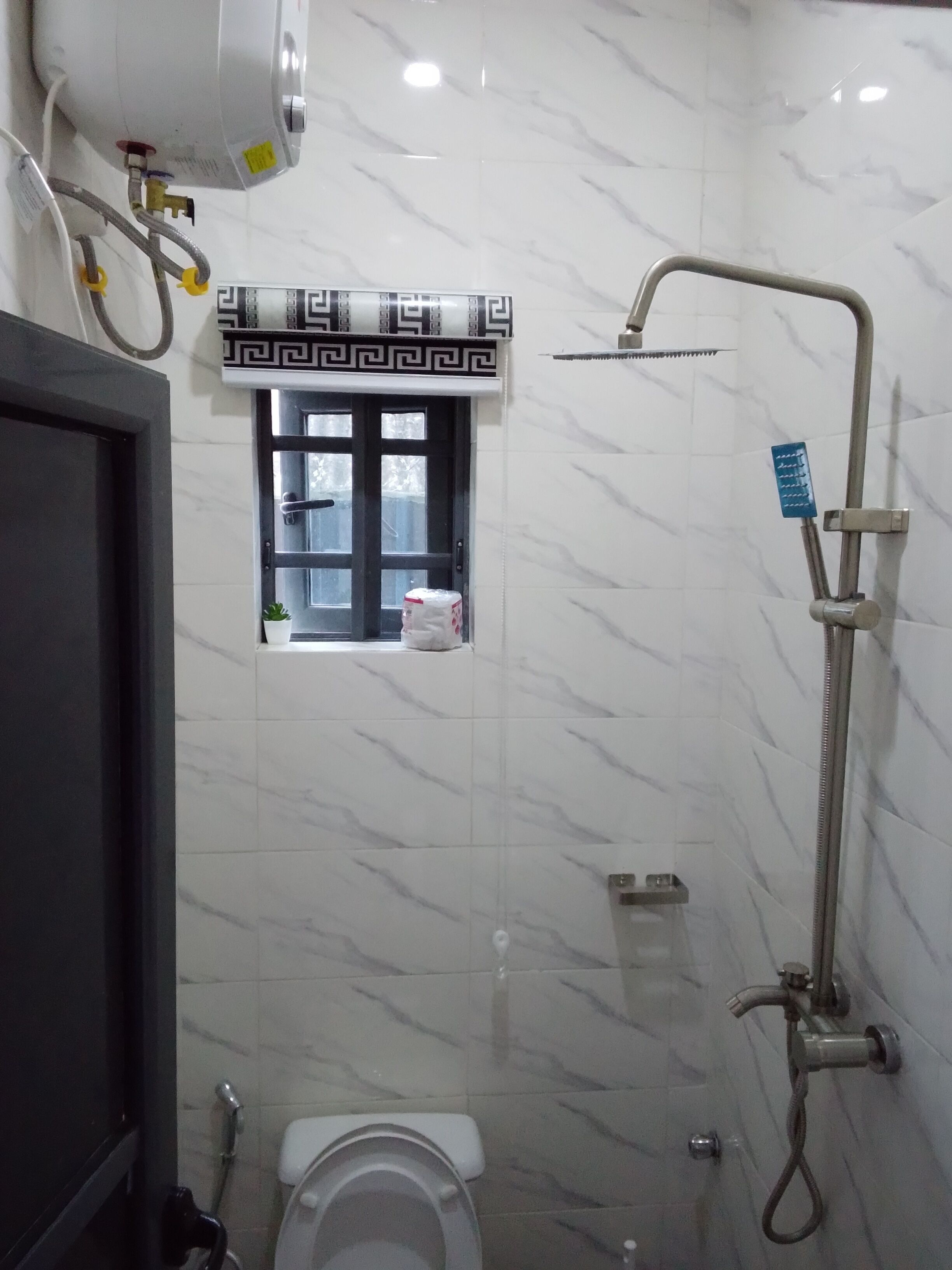 Shower, towels, toilet paper
