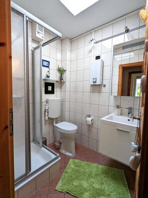 Baño con ducha, inodoro, lavamanos y una alfombra verde.