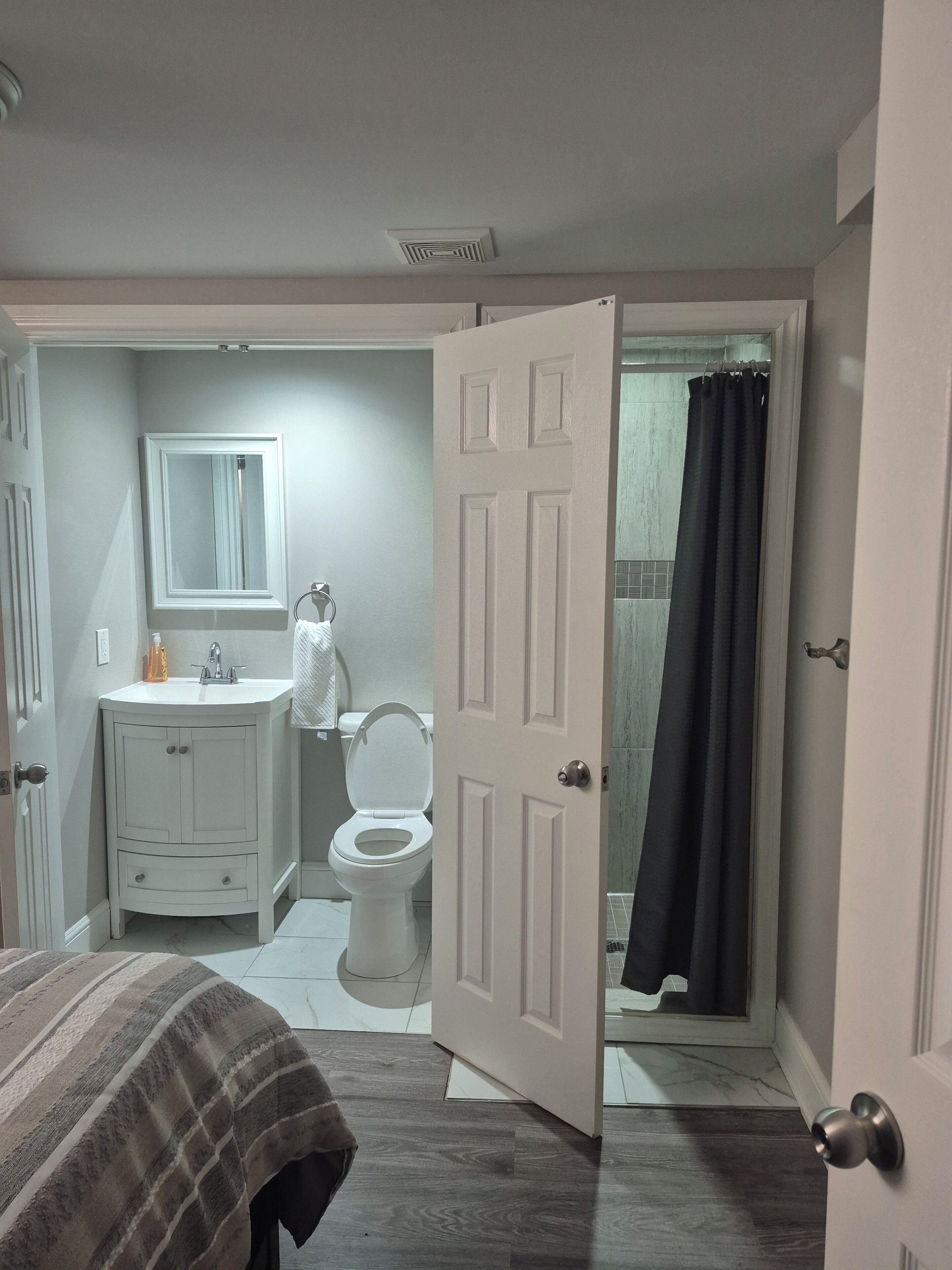 Hair dryer, towels, soap, toilet paper