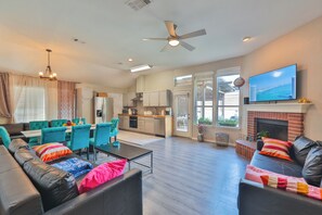 Smart TV, fireplace, books