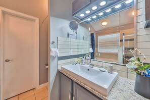 Hair dryer, towels, soap, shampoo
