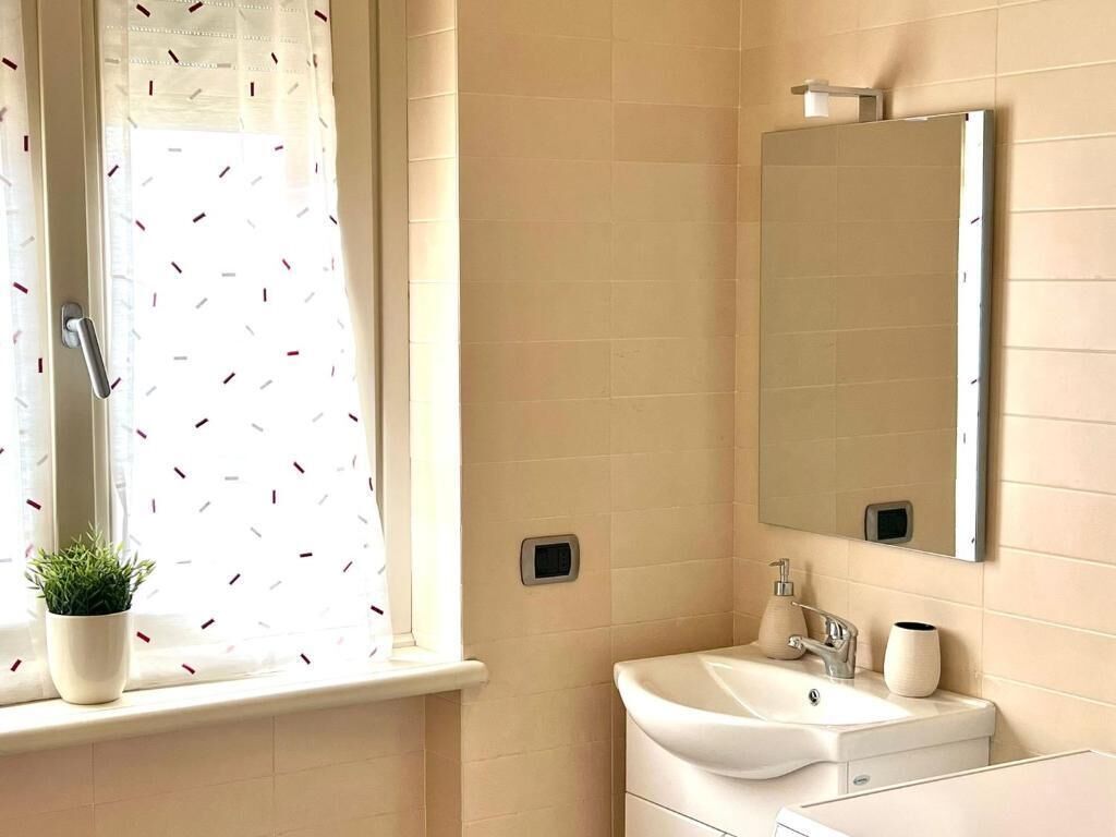 A bathroom with a window, a sink, a mirror, and a potted plant.