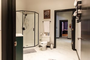 Shower, towels, soap, shampoo