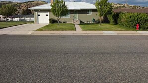 A single-story house with a green roof and a white garage door.