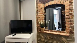 A room with a television on a white stand, a stone wall with a window, and a potted plant. - Bergamoincenter (Bergamo)