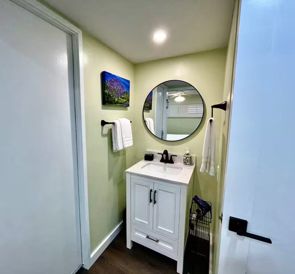 Hair dryer, towels, soap, shampoo