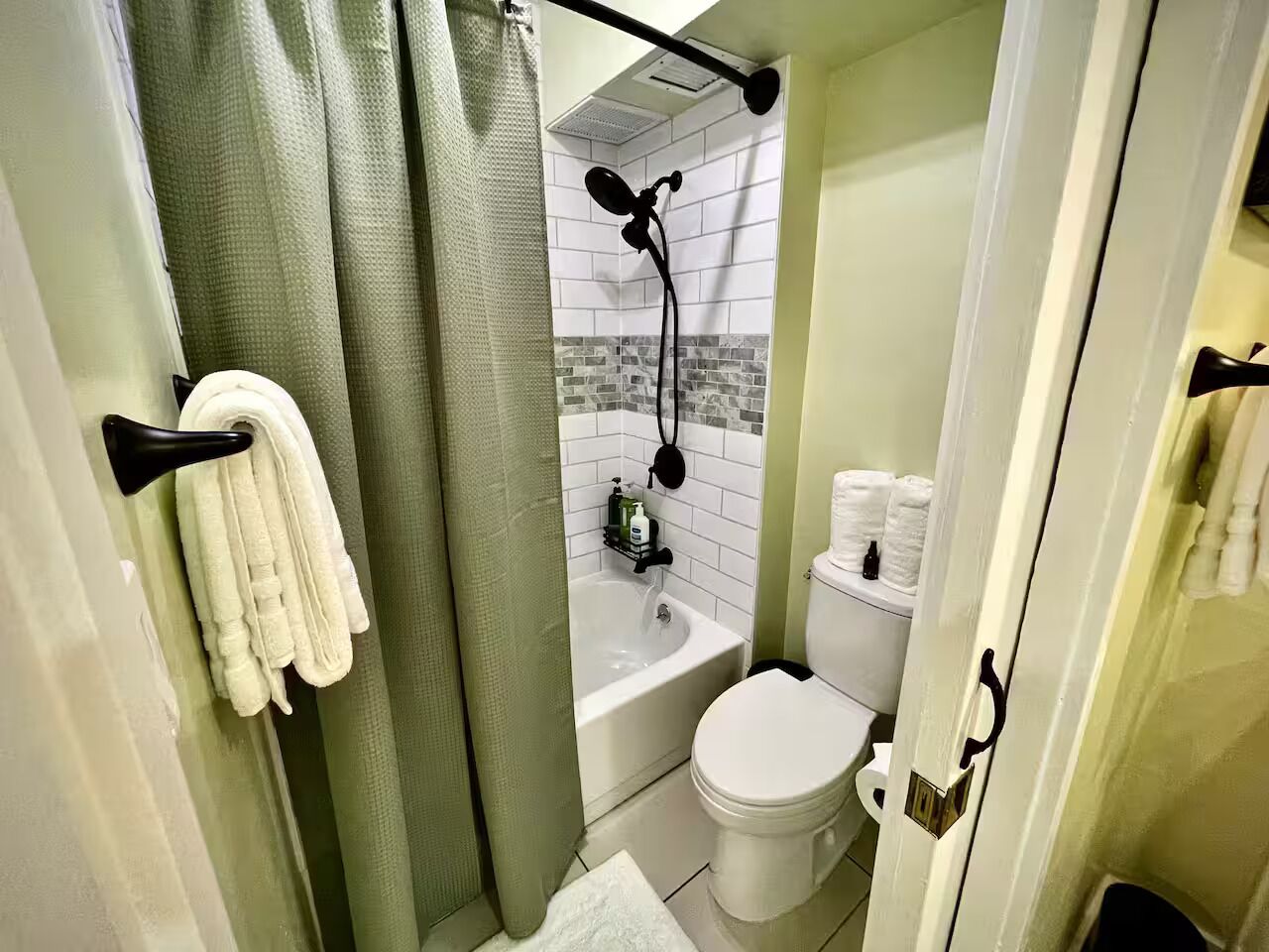 Hair dryer, towels, soap, shampoo