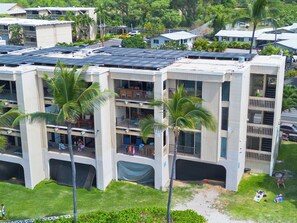 Um edifício com vários andares, varandas, painéis solares e palmeiras.