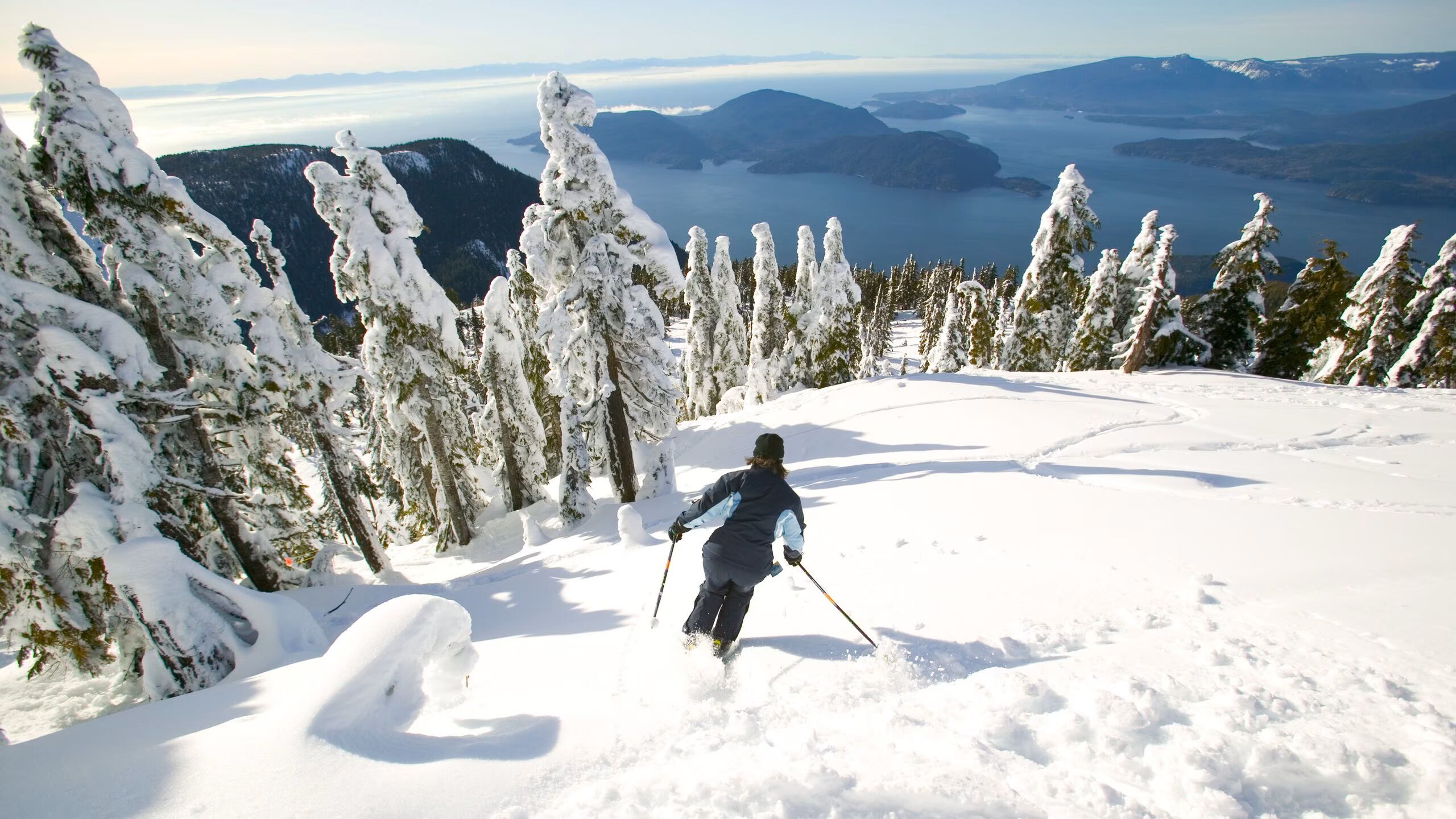 Une personne fait du ski sur une pente enneigée, avec une vue sur des montagnes et un lac en arrière-plan.
