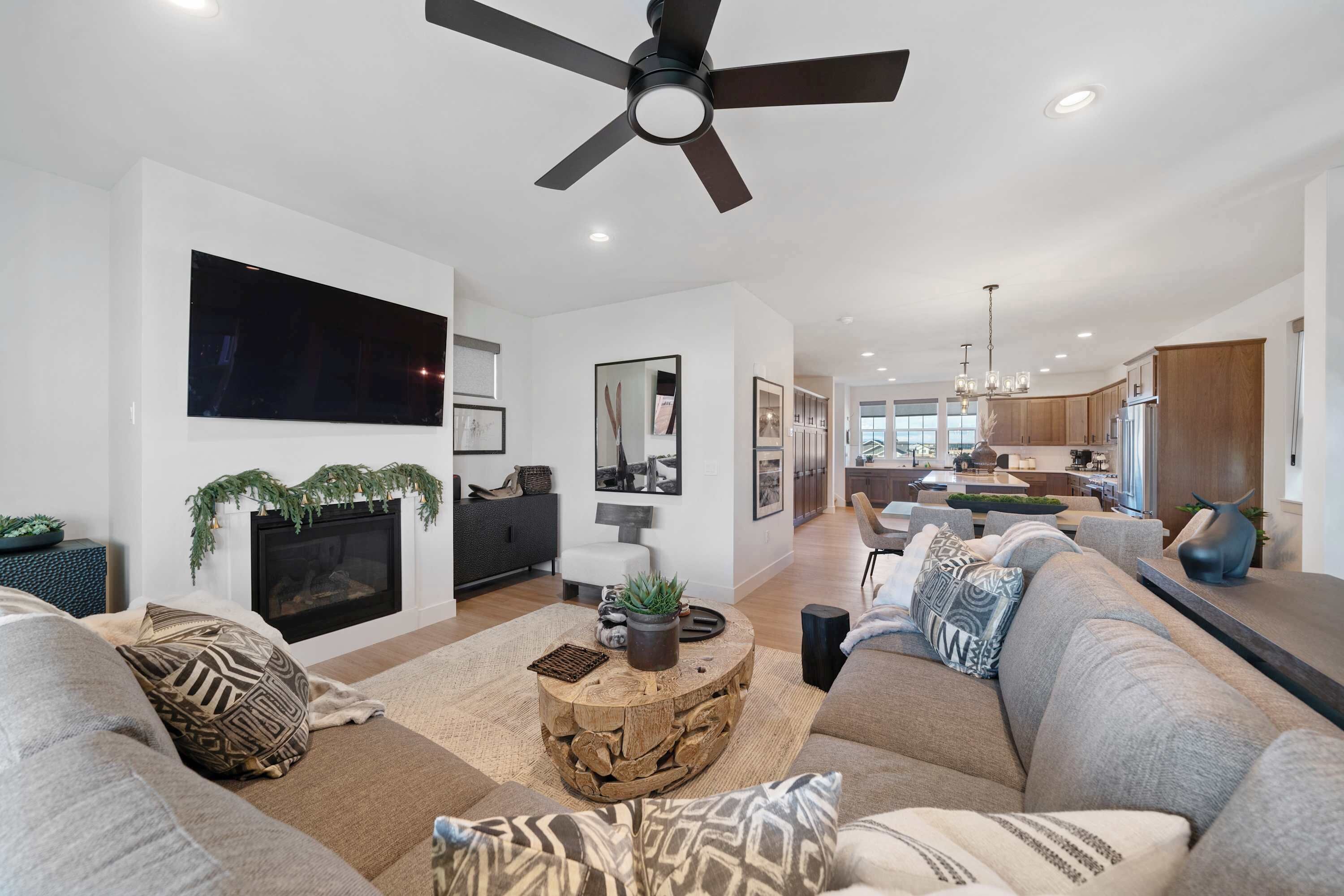 Televisión, chimenea y oficina 