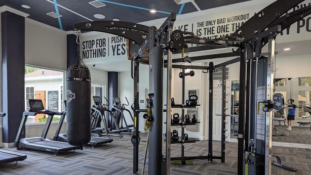 A gym with treadmills, a punching bag, and weightlifting equipment.
