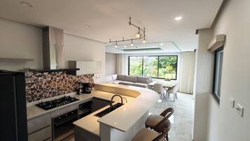 Superior Apartment, Balcony, Mountain View | Private kitchen | Full-sized fridge, microwave, oven, stovetop