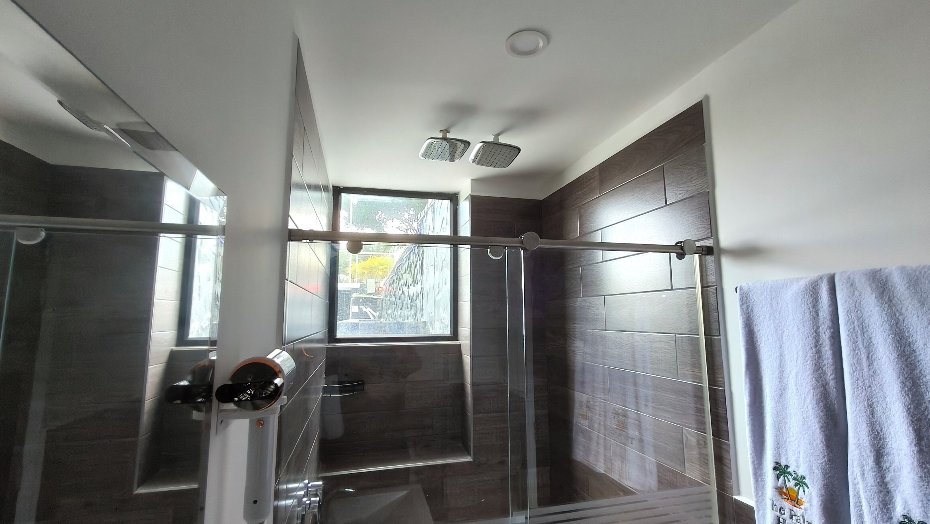 A modern shower area with a glass door, a towel rack, and a window providing a view of the outside.