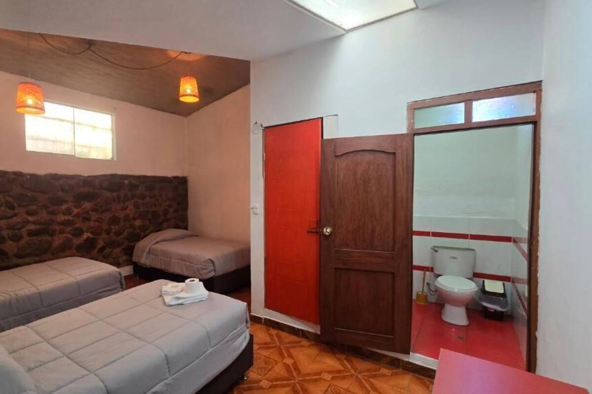 A room with two beds, a stone wall, a red door, and a toilet.