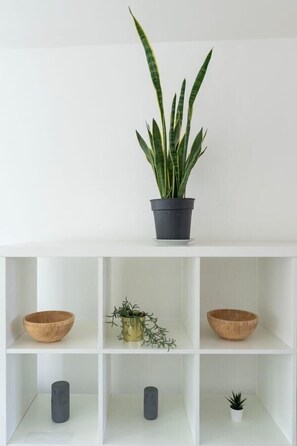 En hvid reol med en potteplante, to træskåle og to cylinderformede genstande.