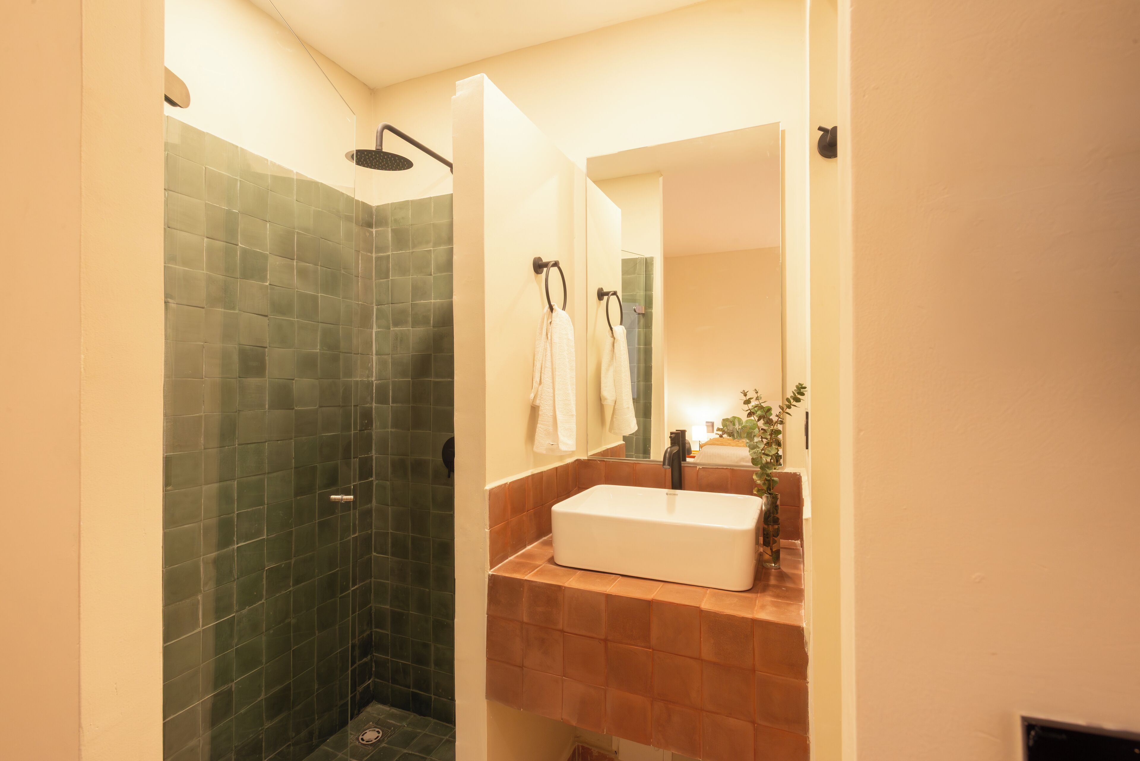 A bathroom with a green-tiled shower, a white sink, and a mirror.