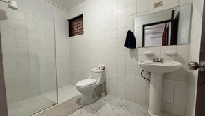A bathroom with a glass shower enclosure, a toilet, and a pedestal sink.