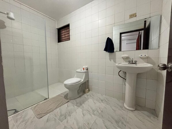 Ein Badezimmer mit Duschkabine aus Glas, Toilette und Waschbecken auf Säule.