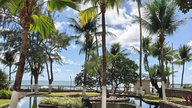 A tropical resort with palm trees, a water feature, and a view of the ocean. - Premium Flat Golden Beach Beachfront Piedade (Jaboatão dos Guararapes)