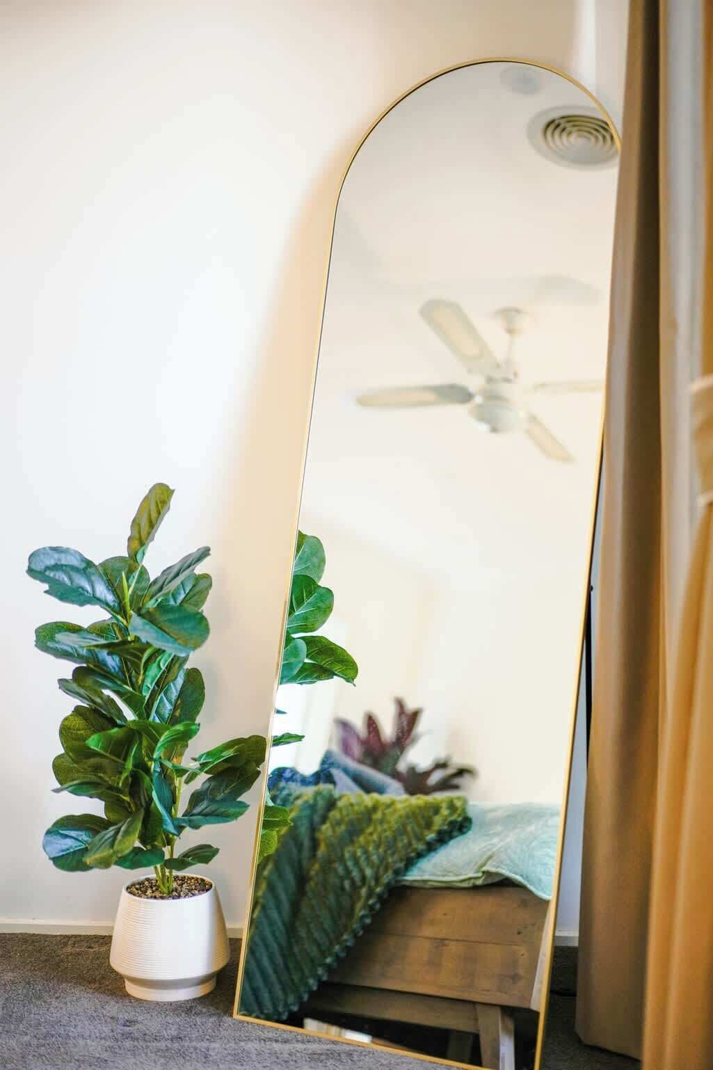 Ein Zimmer mit einem großen Spiegel, einem Deckenventilator und einem Blumentopf.