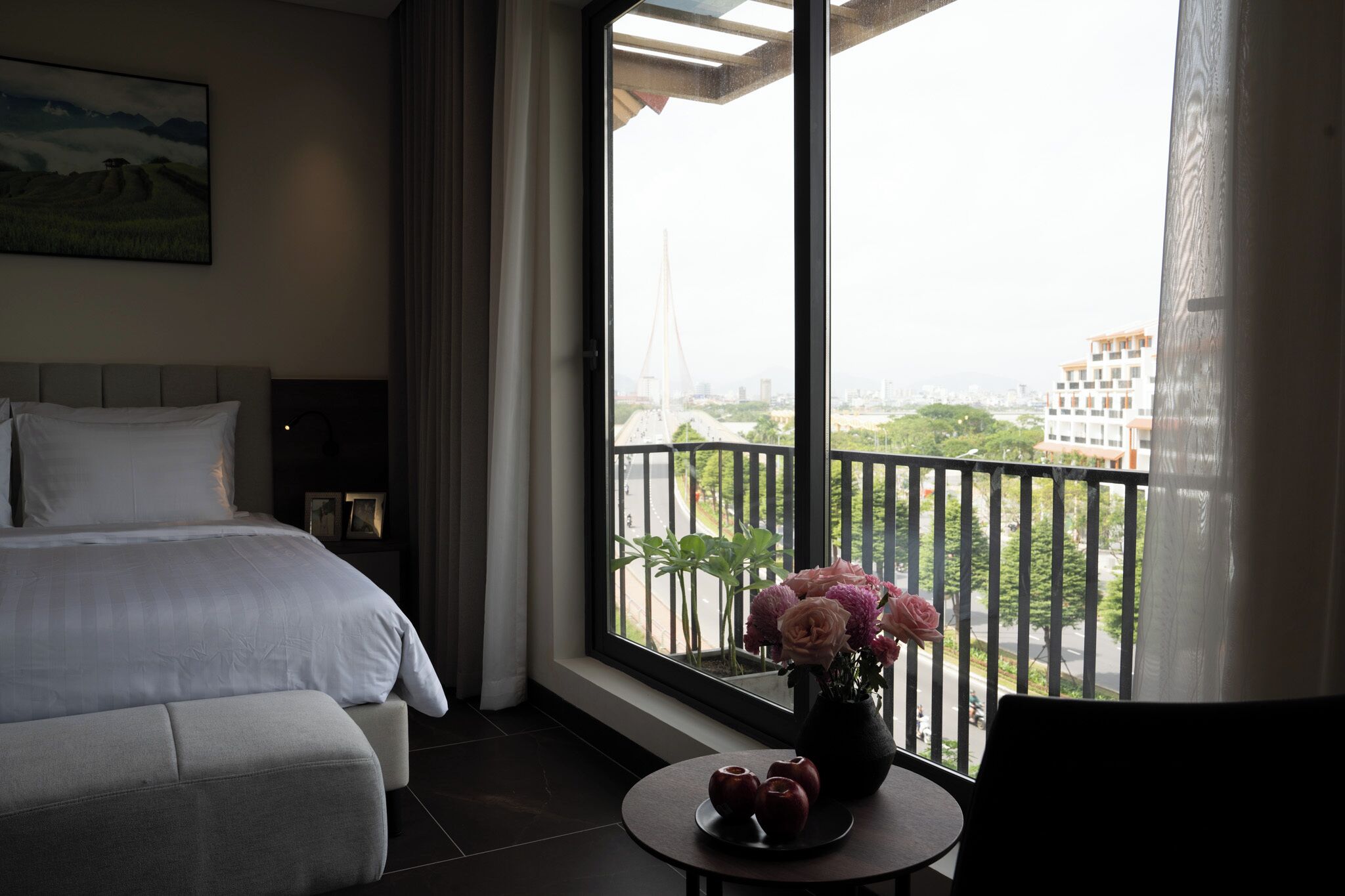 Desk, laptop workspace, blackout curtains, free WiFi