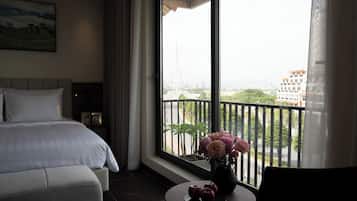 Desk, laptop workspace, blackout curtains, free WiFi