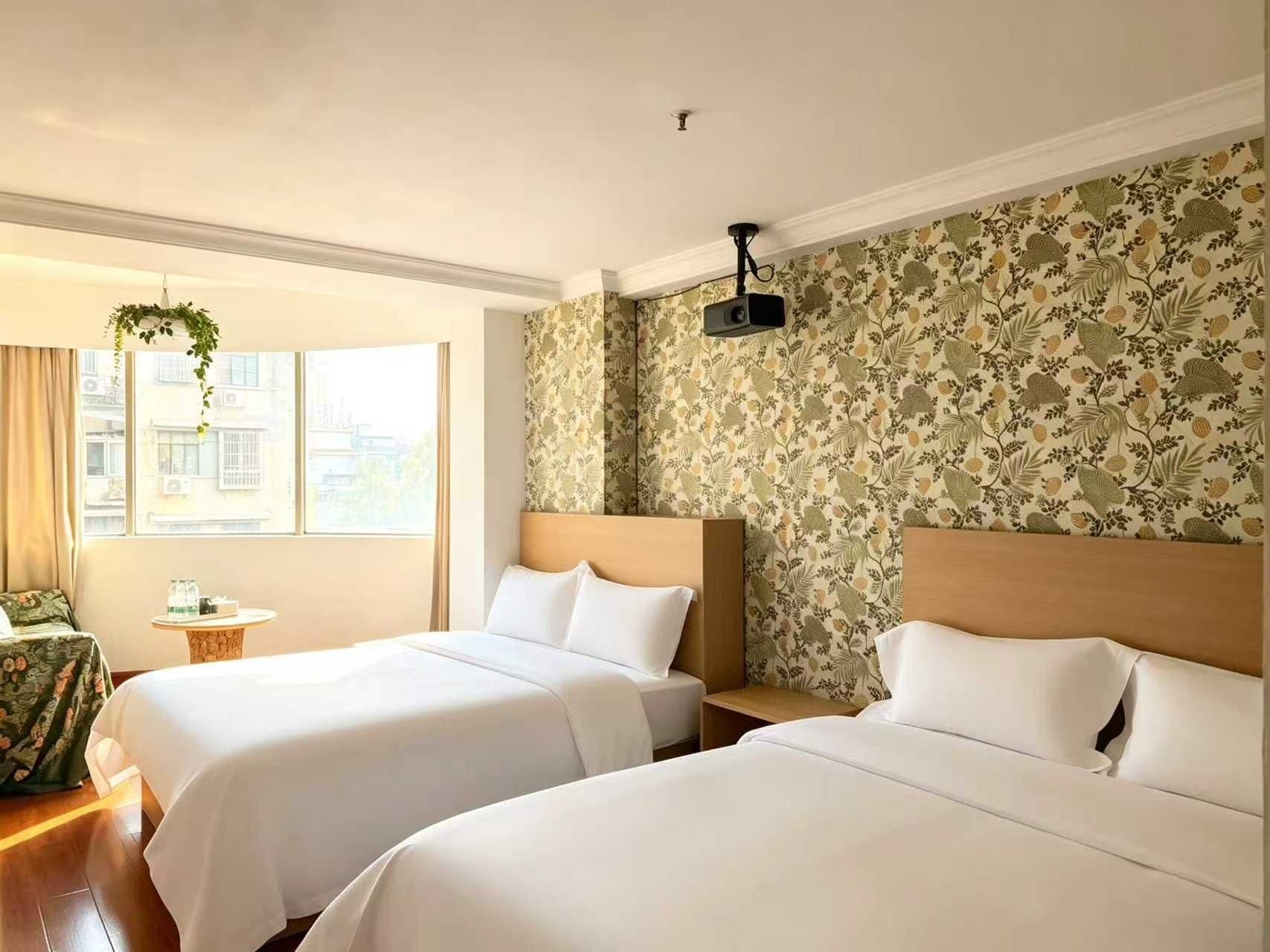 Habitación de hotel con dos camas, una mesita, una planta colgante y ventana con vista a edificios.
