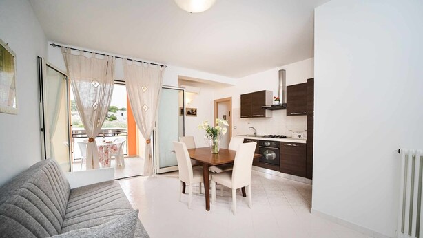 Een moderne woonkamer met een bank, een eettafel met stoelen, en een keuken met kastjes en een fornuis.