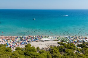 Une plage avec de nombreux parasols et des gens qui se baignent.