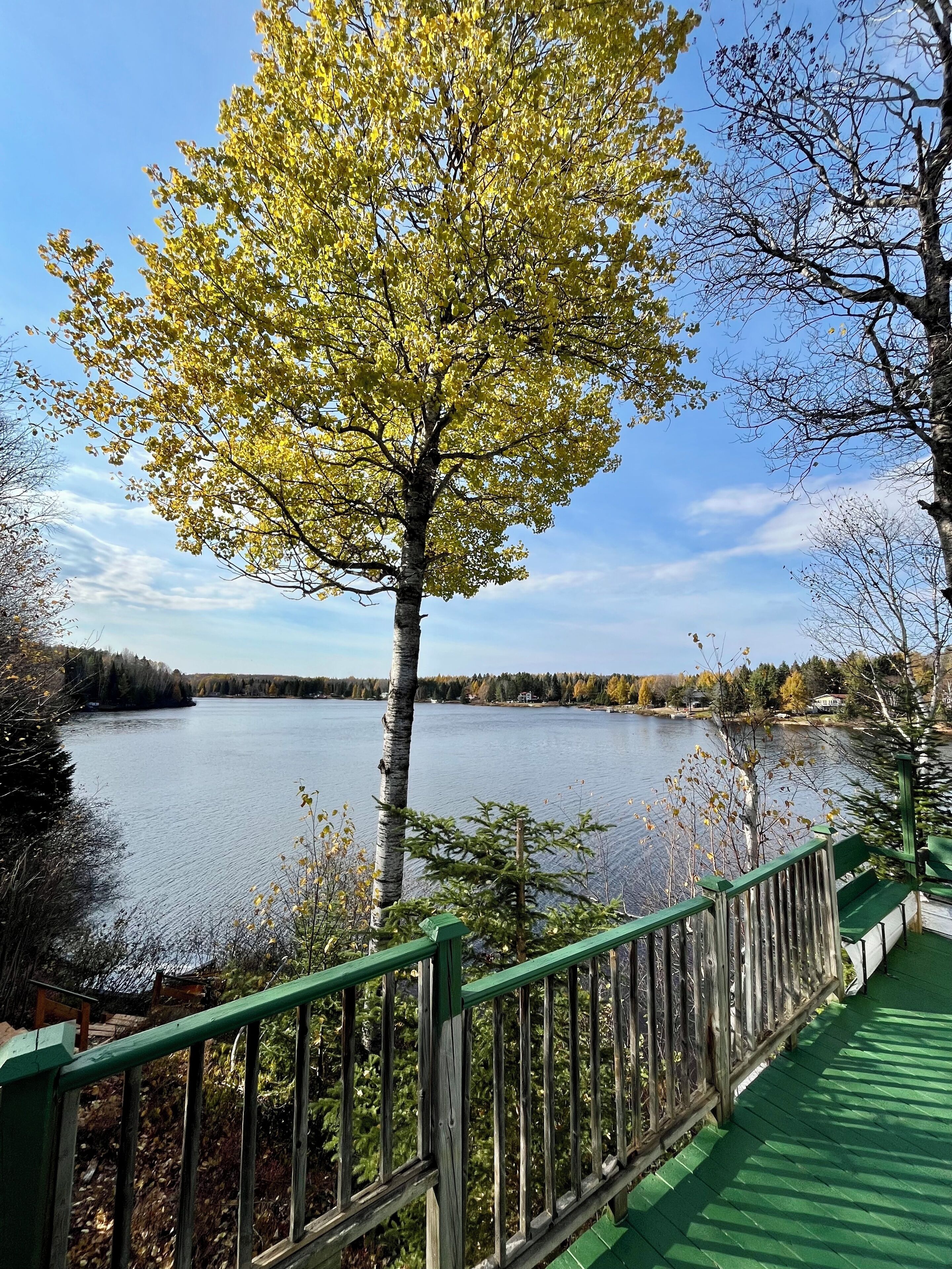 Uitzicht op een meer met een houten terras en een groene balustrade.