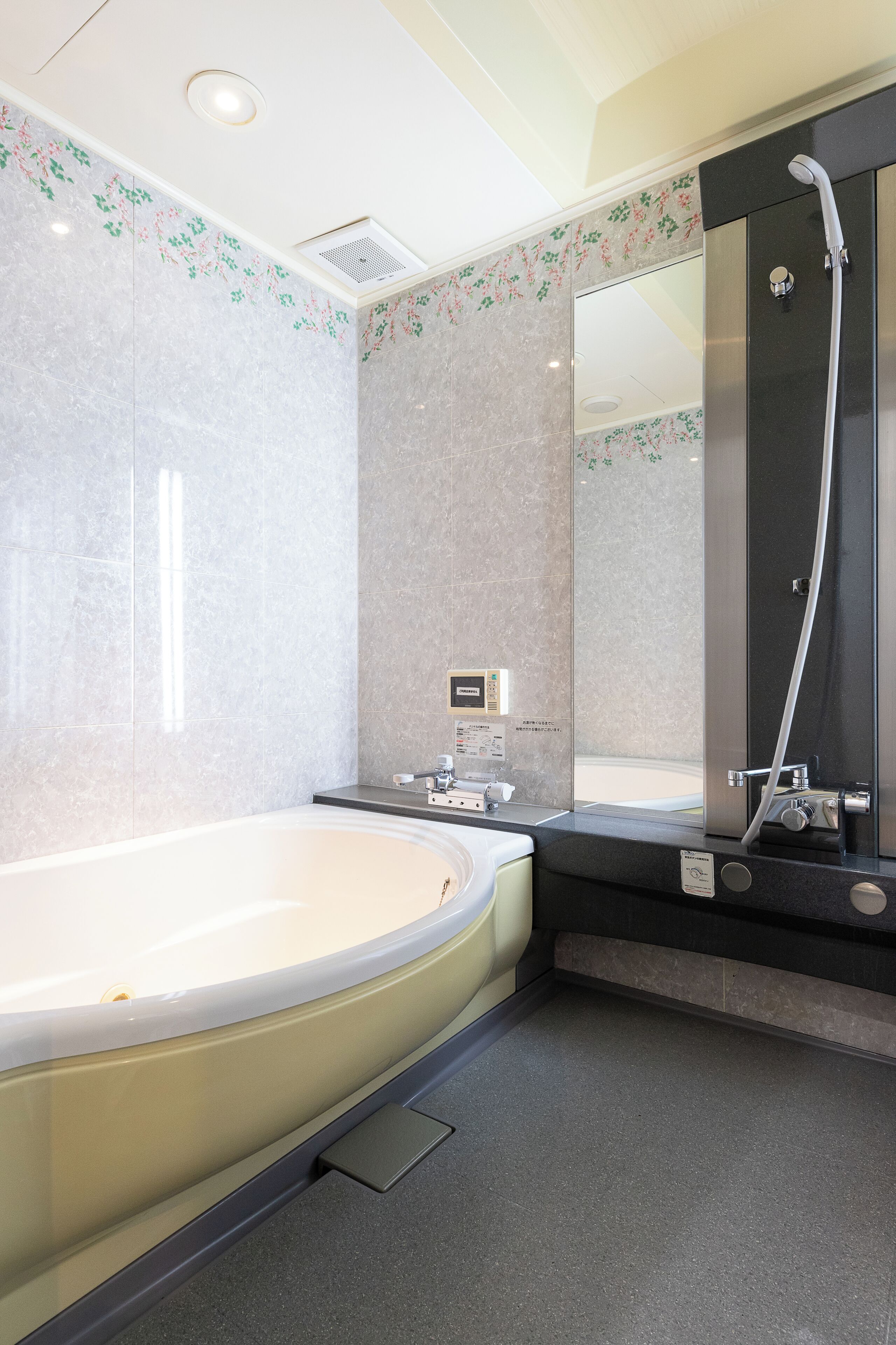 Un bagno moderno con una vasca, una doccia e un grande specchio.