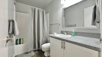 Hair dryer, towels, soap, shampoo