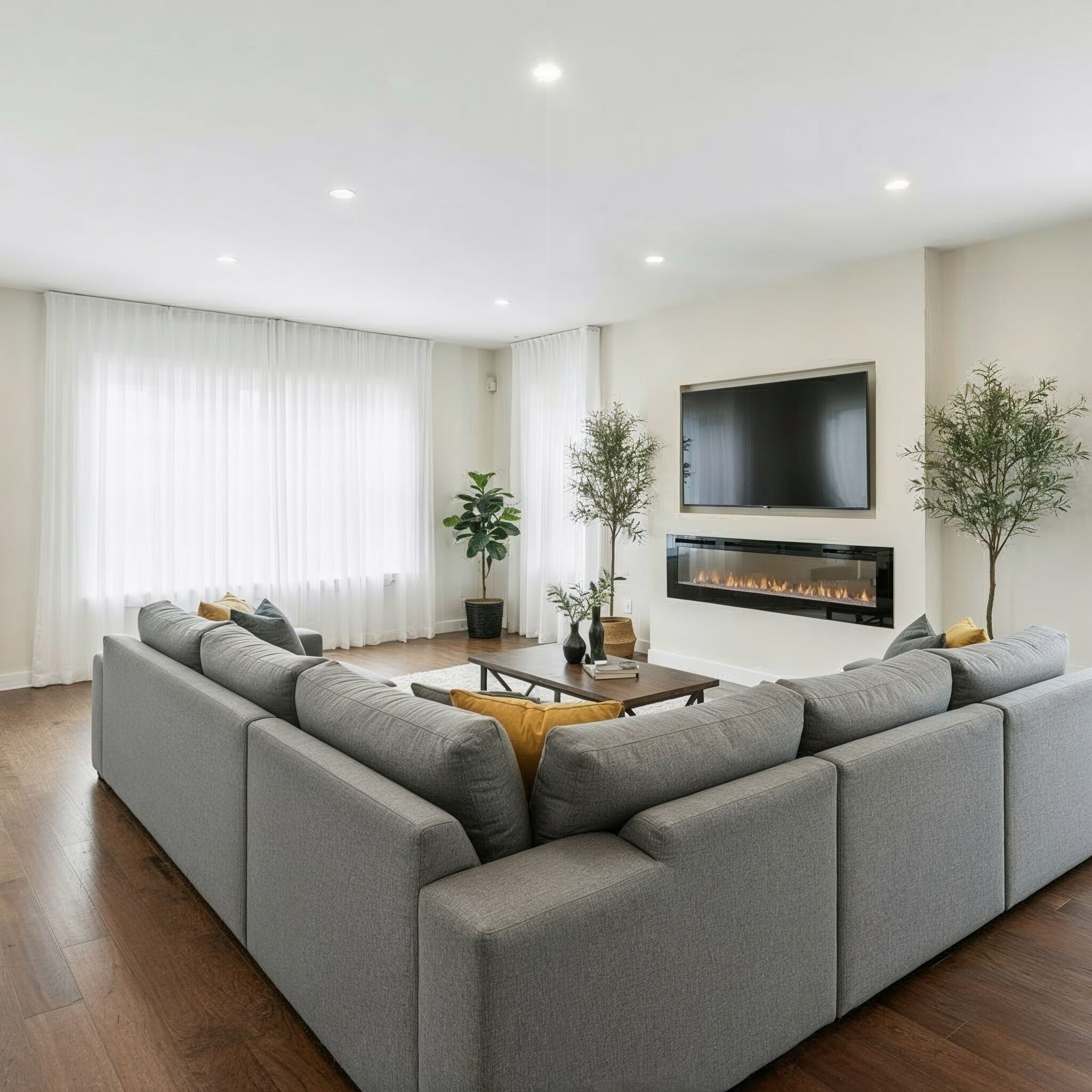 Un salon moderne avec un grand canapé d’angle gris, un téléviseur à écran plat fixé au-dessus d’une cheminée, et deux plantes en pot.