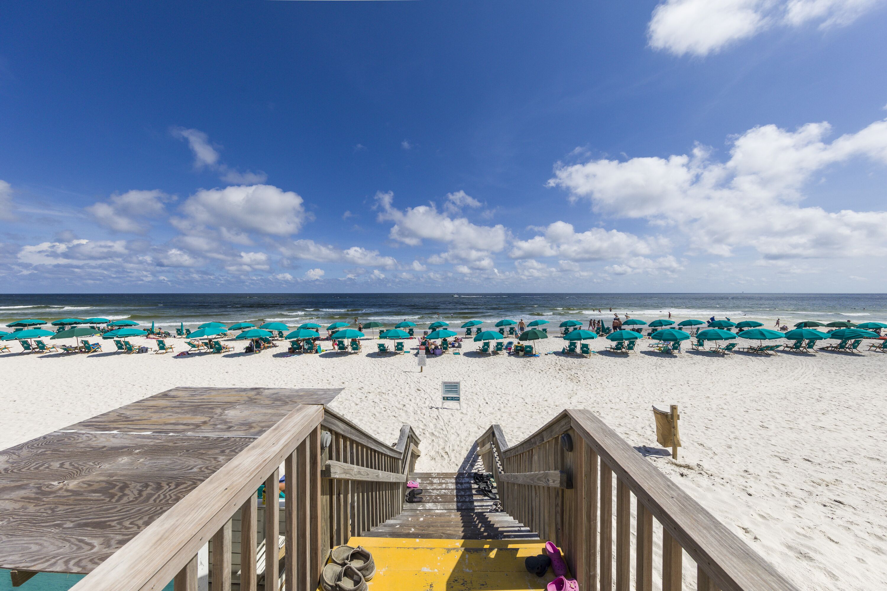 Un paseo marítimo de madera que conduce a una playa con hileras de sombrillas verdes y sillas de playa.