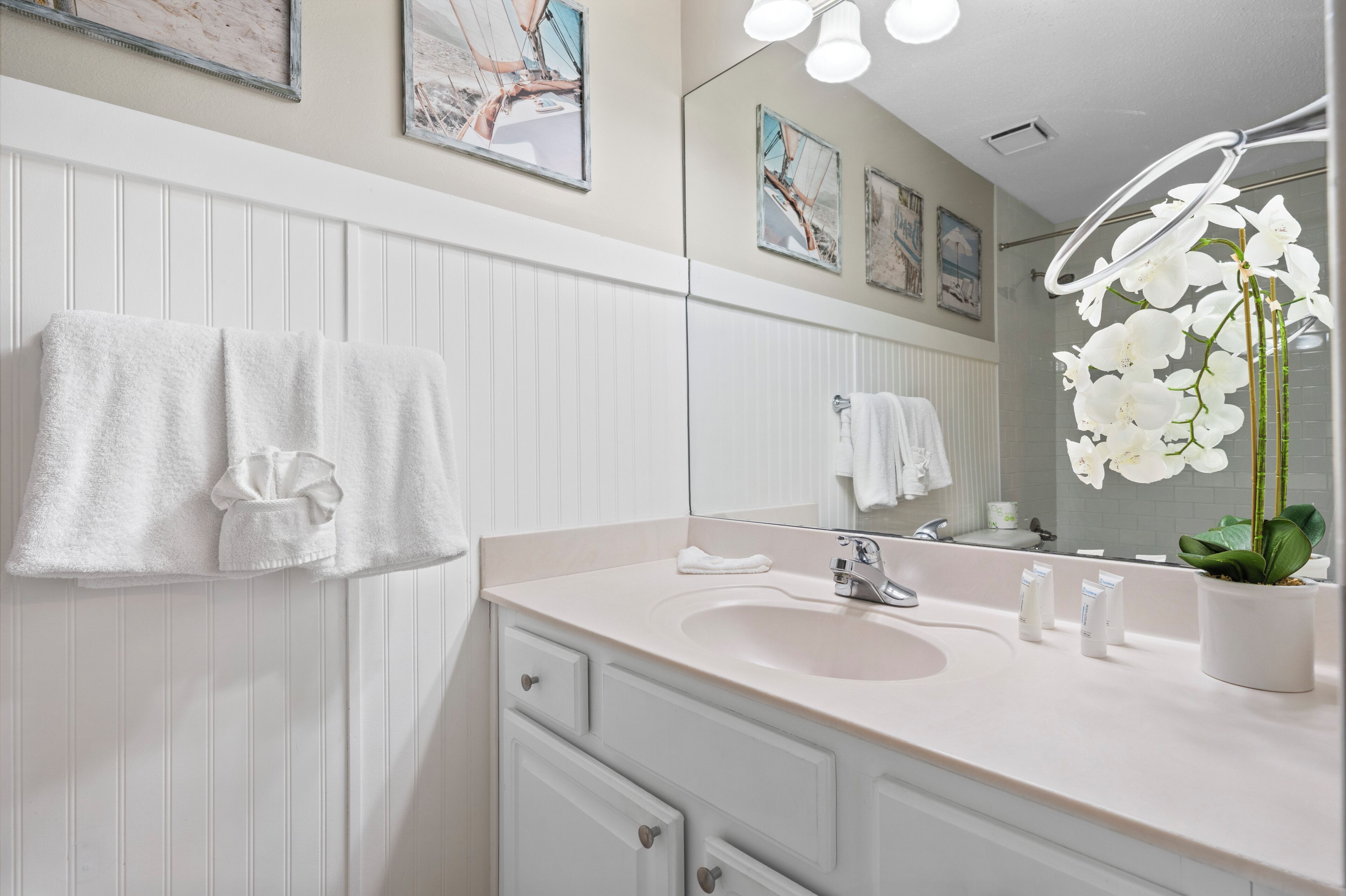 A bathroom with a white vanity, a sink, a mirror, and a potted orchid.