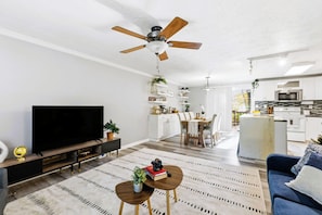 Smart TV, chimenea y libros 