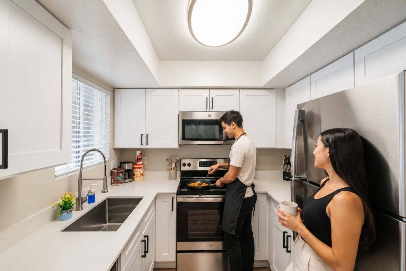 Une cuisine moderne avec des meubles blancs, des appareils en acier inoxydable et un îlot central.