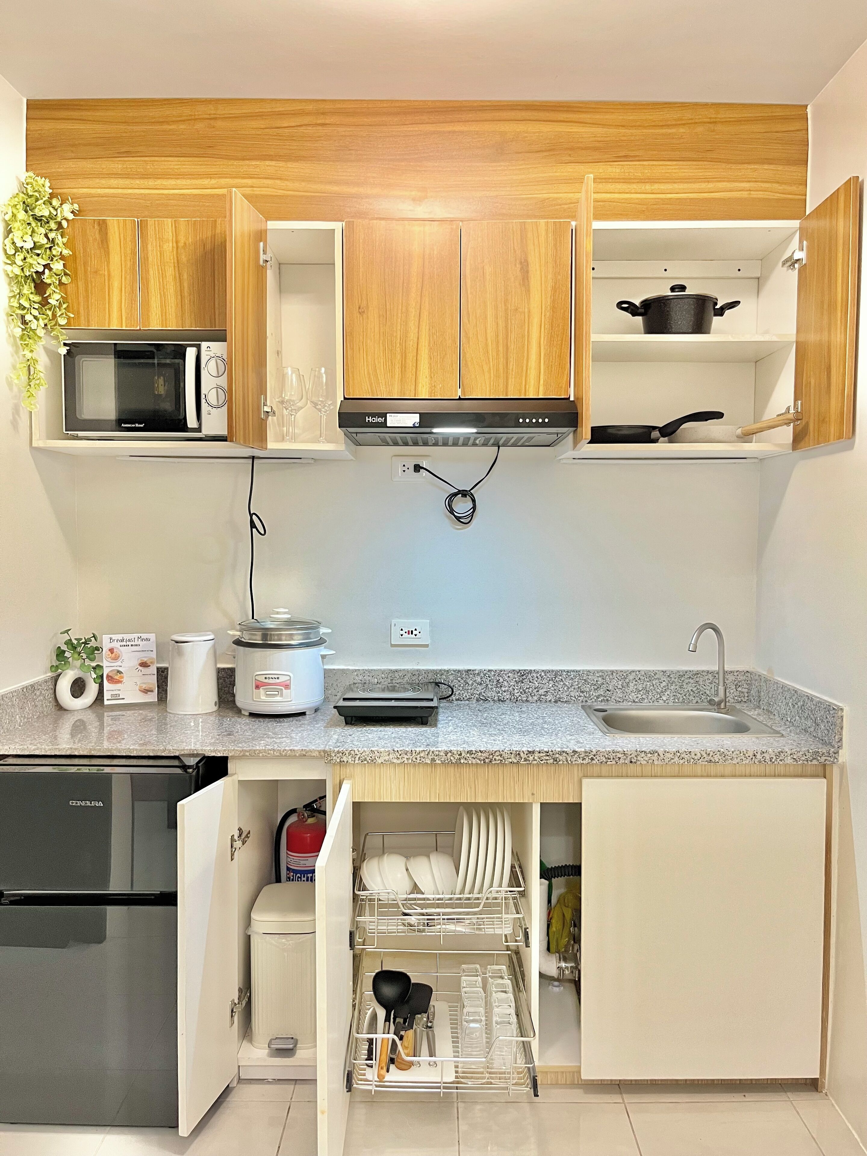 Fridge, microwave, stovetop, electric kettle