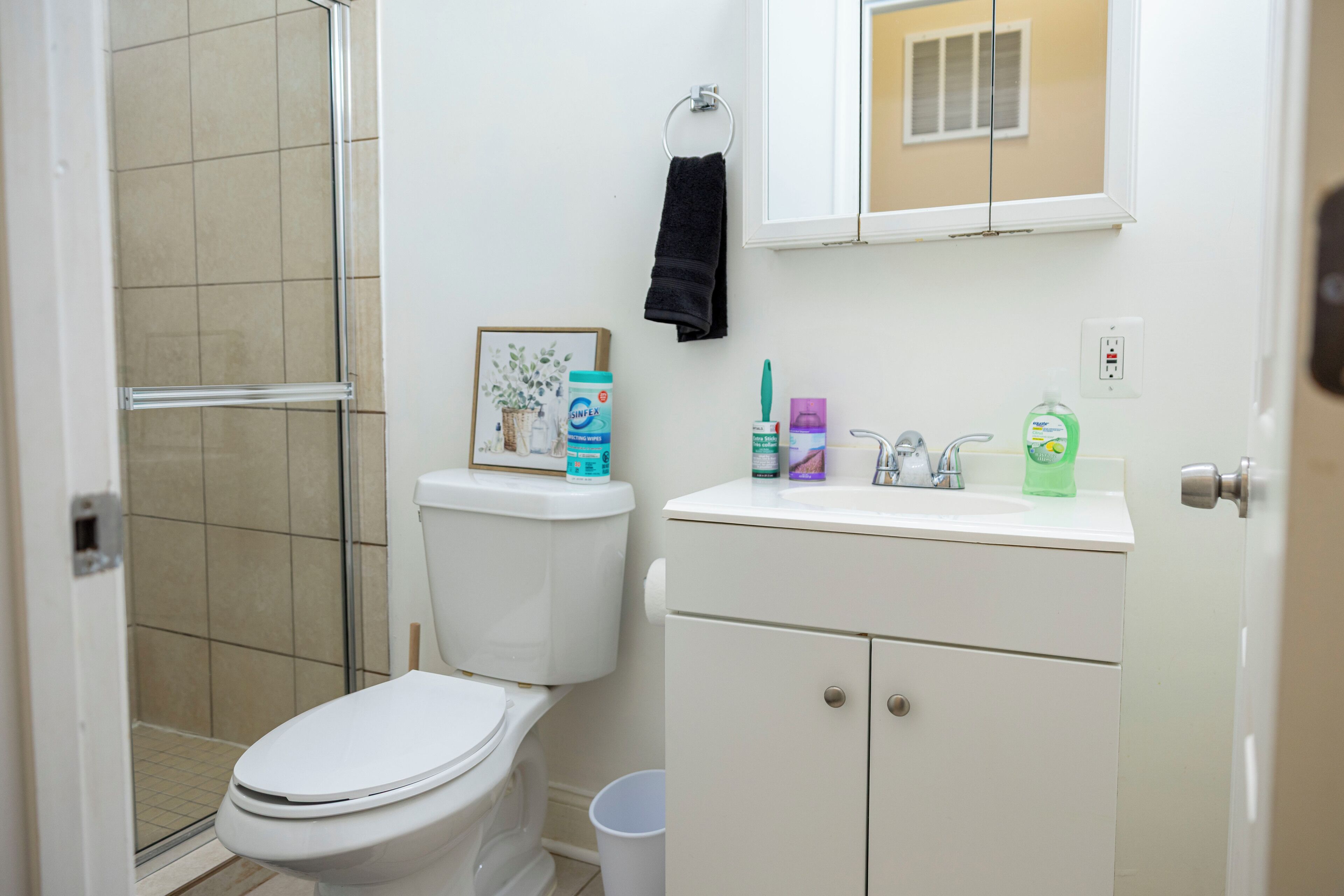A bathroom with a toilet, a sink, and a shower area.