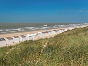 Ein Strand mit weißen Strandhütten, die am Ufer aufgereiht sind, feinem Sand und dem Ozean im Hintergrund.