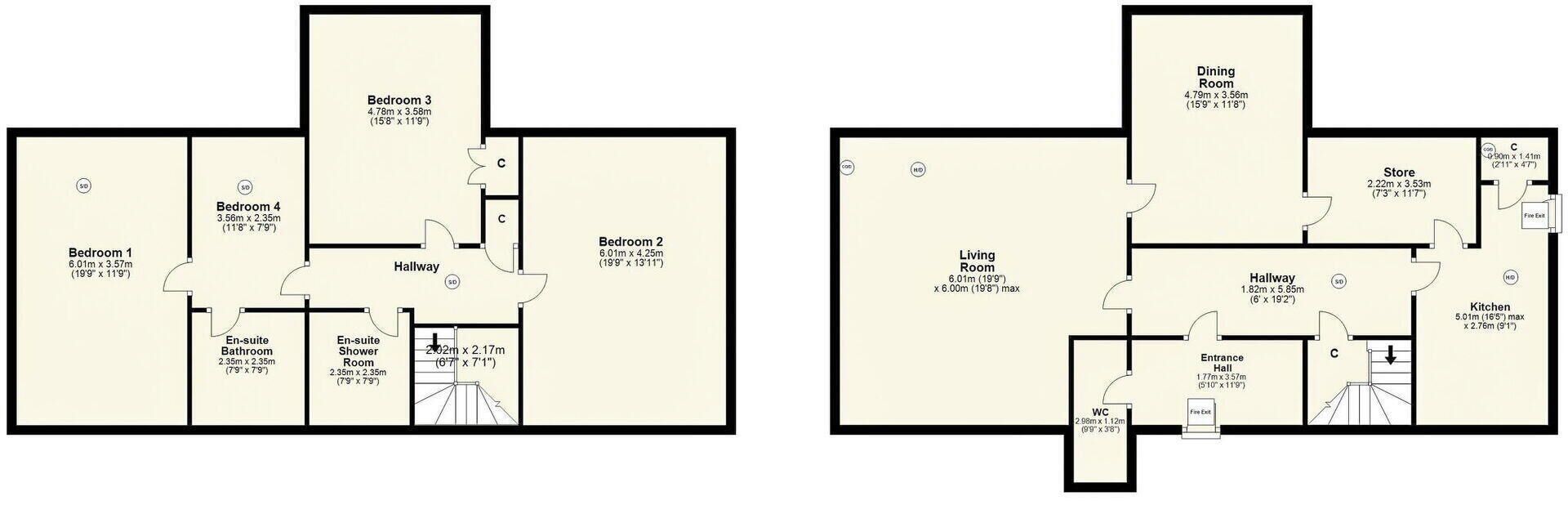 Plano de planta de un hotel con cuatro dormitorios, dos baños en suite, una sala de estar, un comedor, una cocina, una tienda y un pasillo.