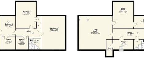 Plano de planta de un hotel con cuatro dormitorios, dos baños en suite, una sala de estar, un comedor, una cocina, una tienda y un pasillo.