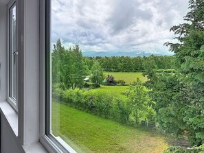 Blick durch ein Fenster auf eine üppige grüne Landschaft mit einem kleinen Gebäude und blauem Himmel.
