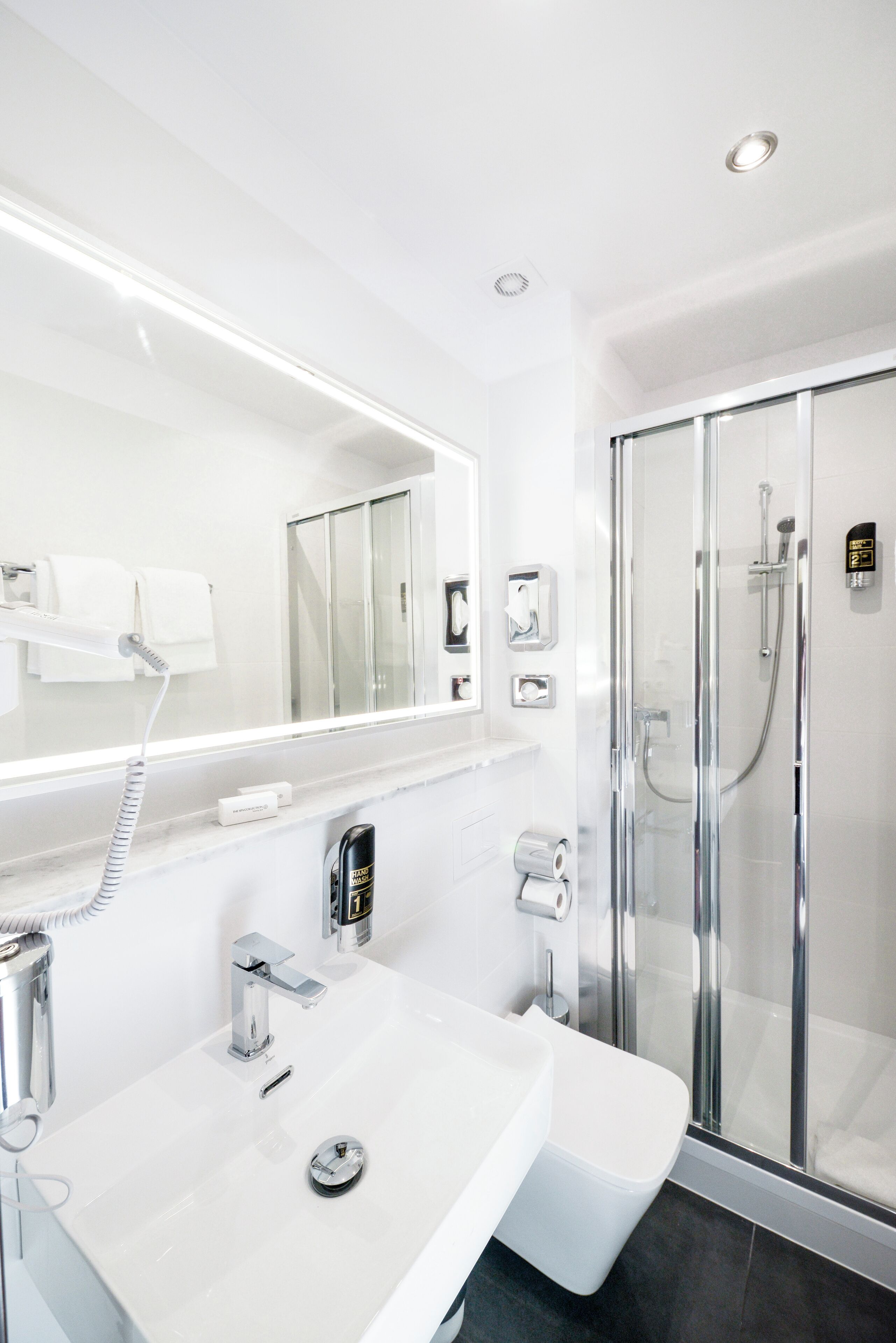 Hair dryer, towels, soap, shampoo