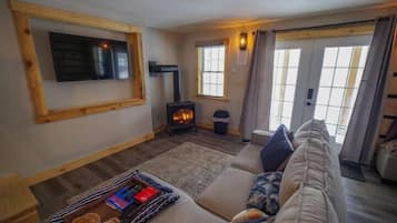 TV, fireplace, books
