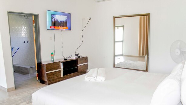 A hotel room with a bed, a TV, a mirror, and a fan. - Tou Safari Lodge (Livingstone)