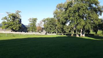 Un champ herbeux avec un bâtiment en pierre et des arbres.