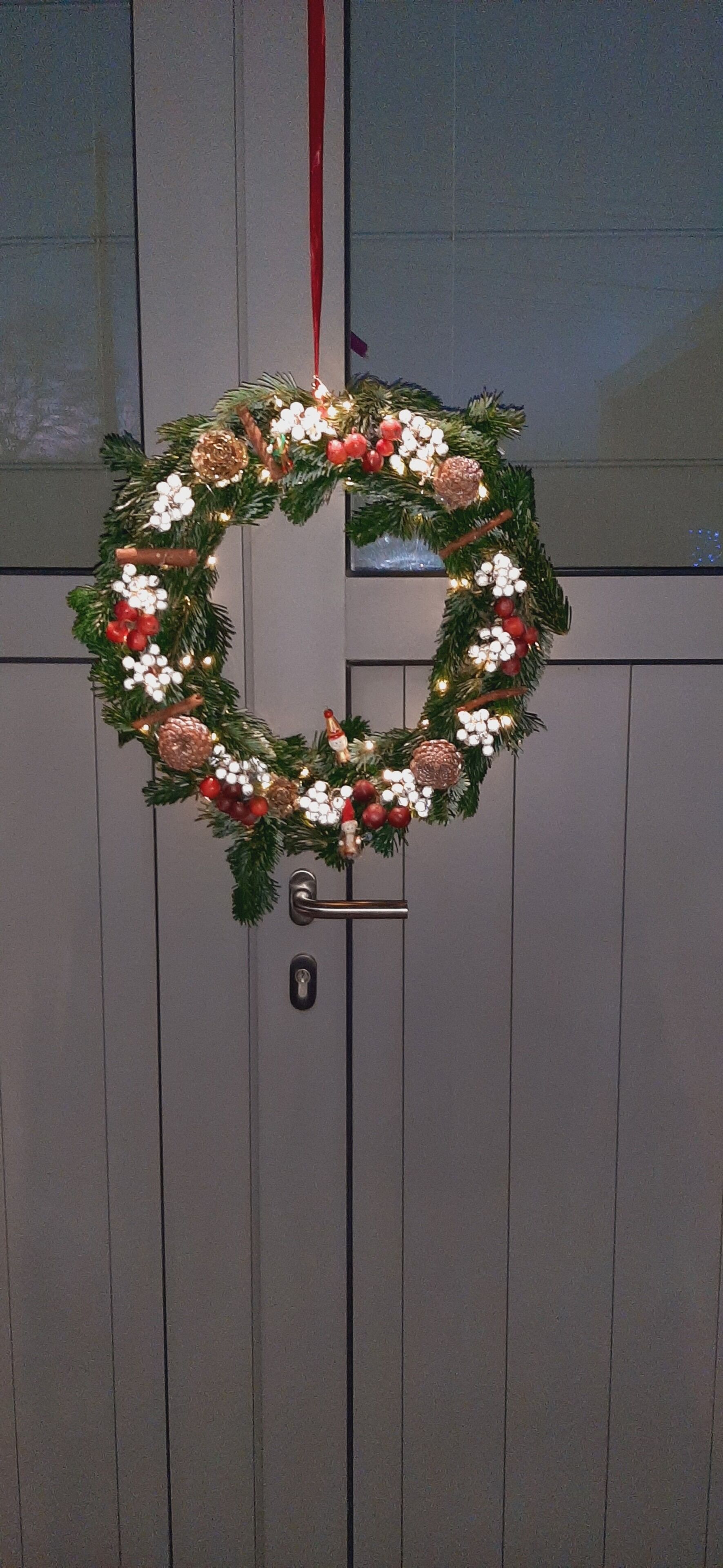 A door with a wreath.