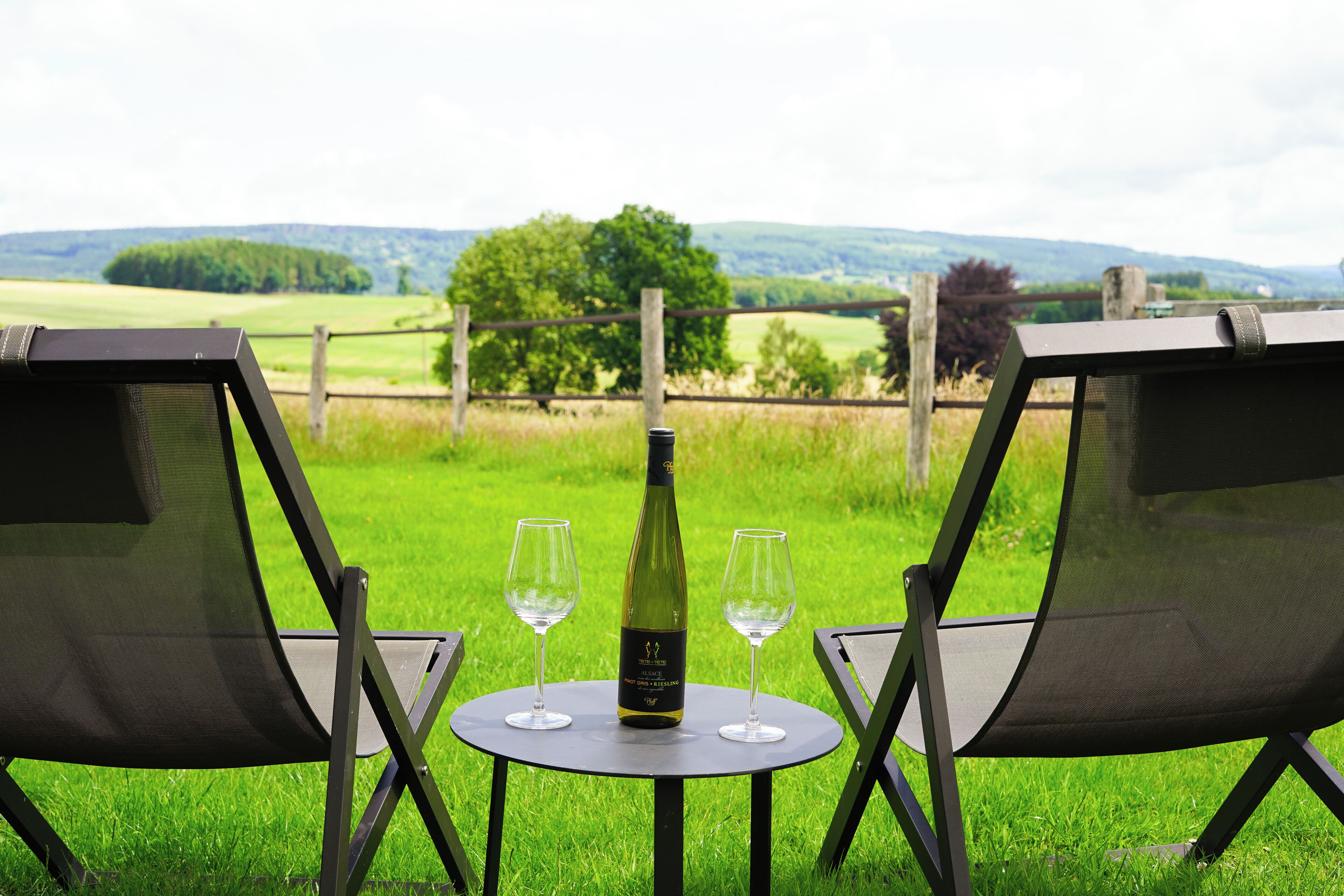A table with a bottle and two glasses, set against a backdrop of a grassy field and distant hills.