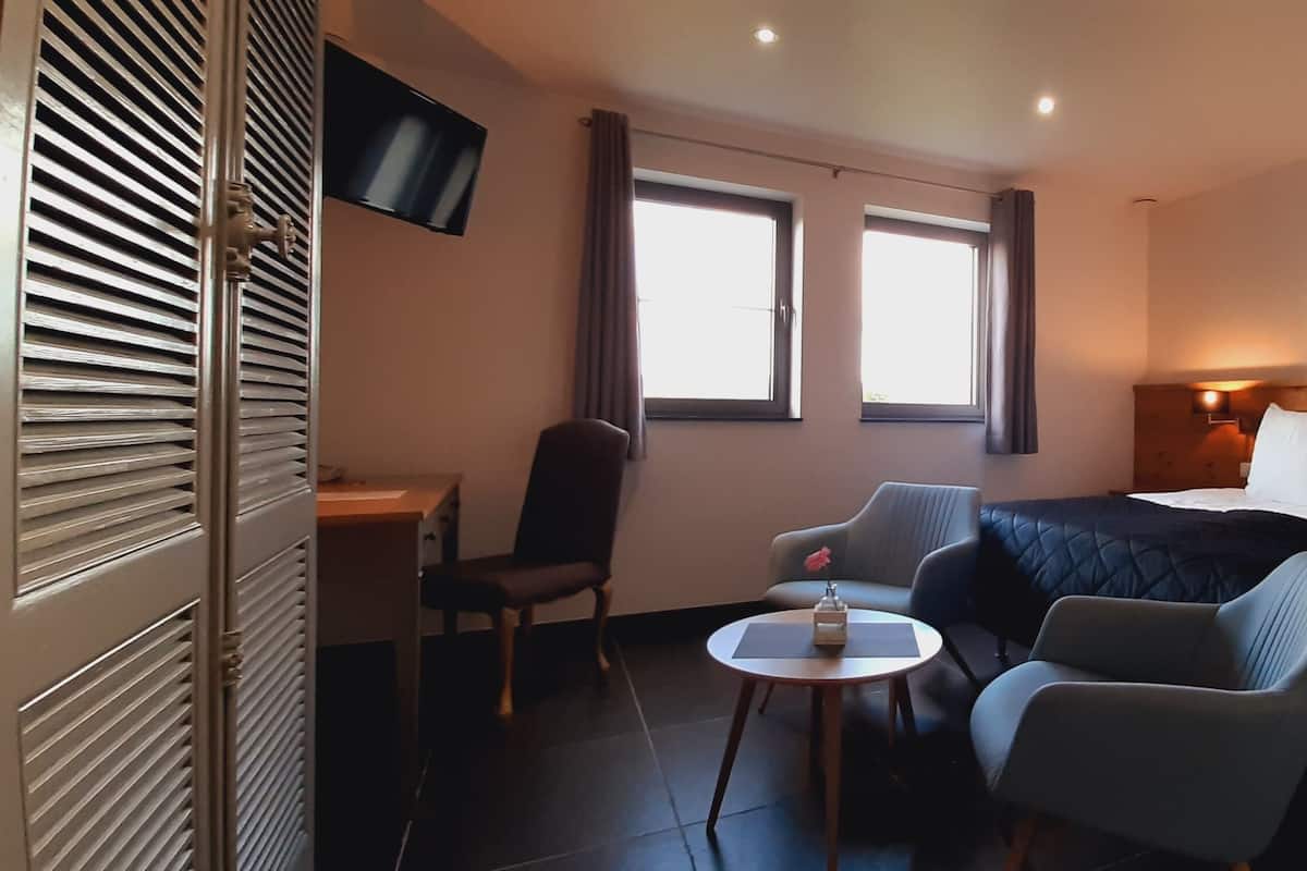 A hotel room with a bed, two chairs, a small table, a TV, and two windows.